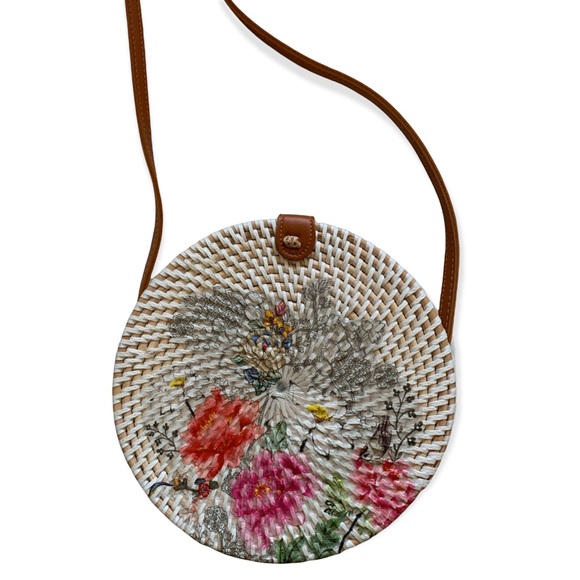 Bali Bohemian Rattan Floral Print Handwoven Handmade Basket Crossbody Purse - Picture 2 of 14